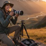Beginner using Canon DSLR to capture scenic mountain at golden hour