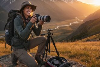 Beginner using Canon DSLR to capture scenic mountain at golden hour