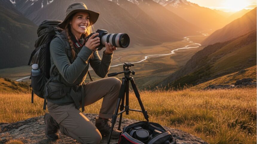 Beginner using Canon DSLR to capture scenic mountain at golden hour