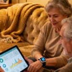 Elderly couple using AI-assisted health monitoring at home