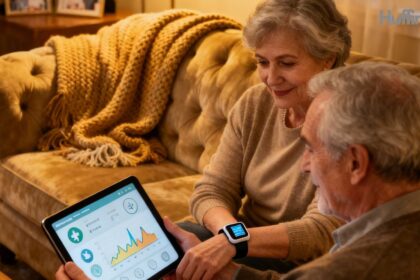 Elderly couple using AI-assisted health monitoring at home