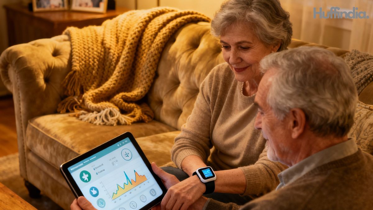 Elderly couple using AI-assisted health monitoring at home