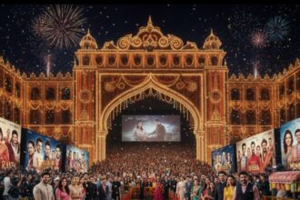 Festive Bollywood Diwali cinema premiere scene