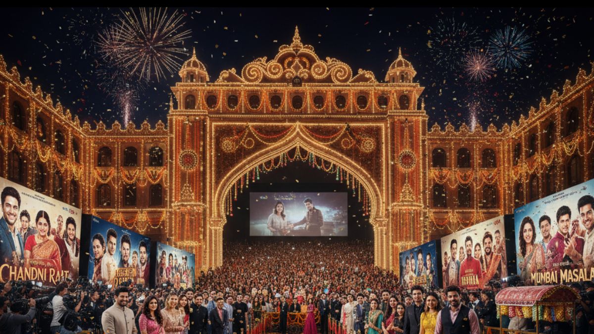 Festive Bollywood Diwali cinema premiere scene