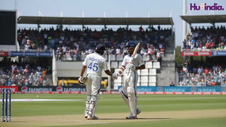 Indian Test batsmen celebrating partnership with handshake