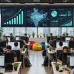 Indian startup funding revival scene with professionals and growth charts