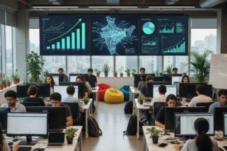 Indian startup funding revival scene with professionals and growth charts
