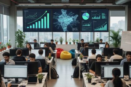 Indian startup funding revival scene with professionals and growth charts