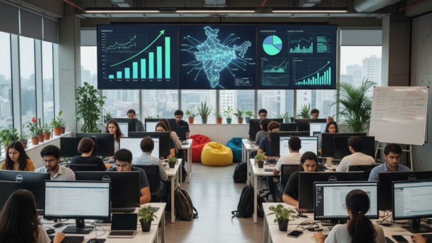 Indian startup funding revival scene with professionals and growth charts