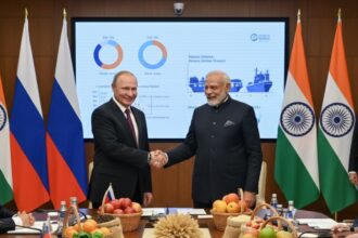 Putin-Modi friendship symbolizing Russia-India trade cooperation and diplomatic ties