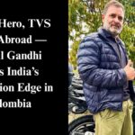 Rahul Gandhi with Indian Bajaj Pulsar motorcycle during Colombia visit