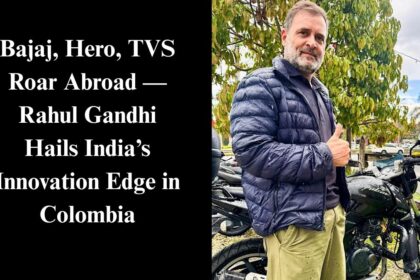 Rahul Gandhi with Indian Bajaj Pulsar motorcycle during Colombia visit