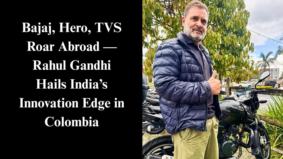 Rahul Gandhi with Indian Bajaj Pulsar motorcycle during Colombia visit