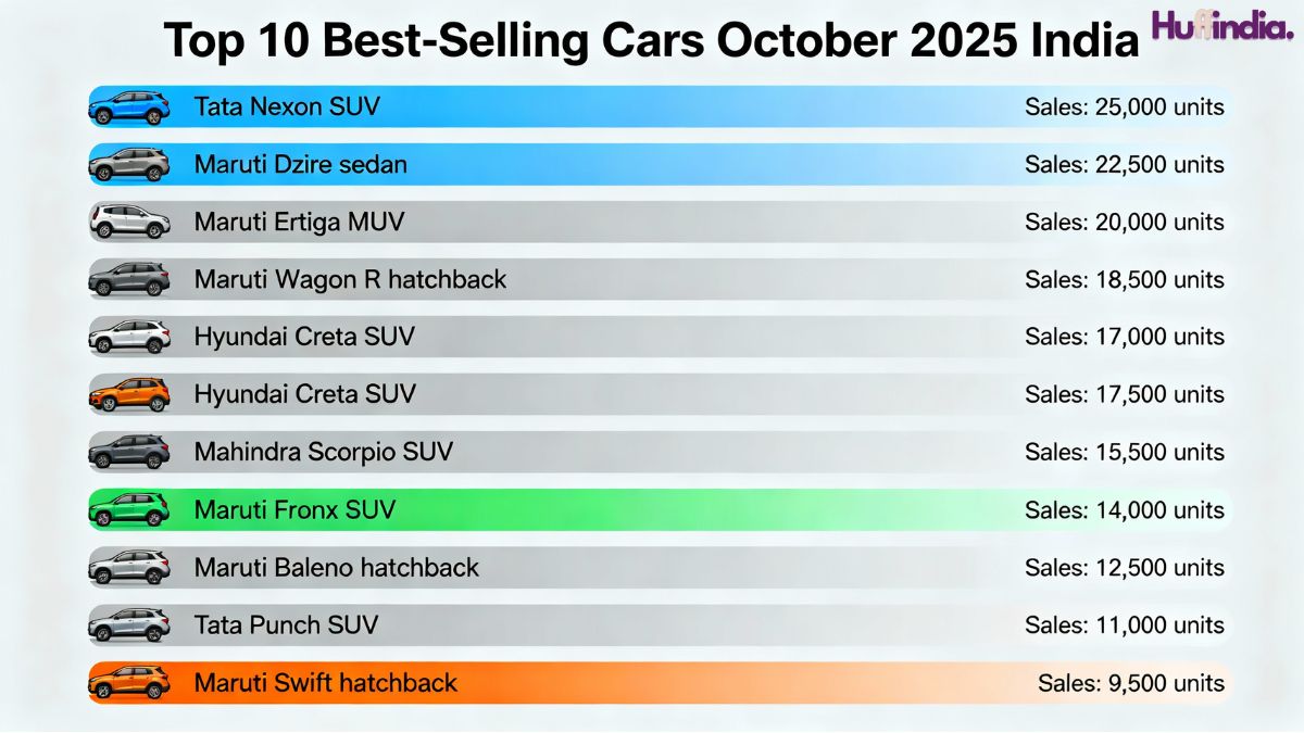 India’s Vehicle Retail Sales Surge to Record High of ~4 Million Units in October 2025 top 10 selling cars in October 2025