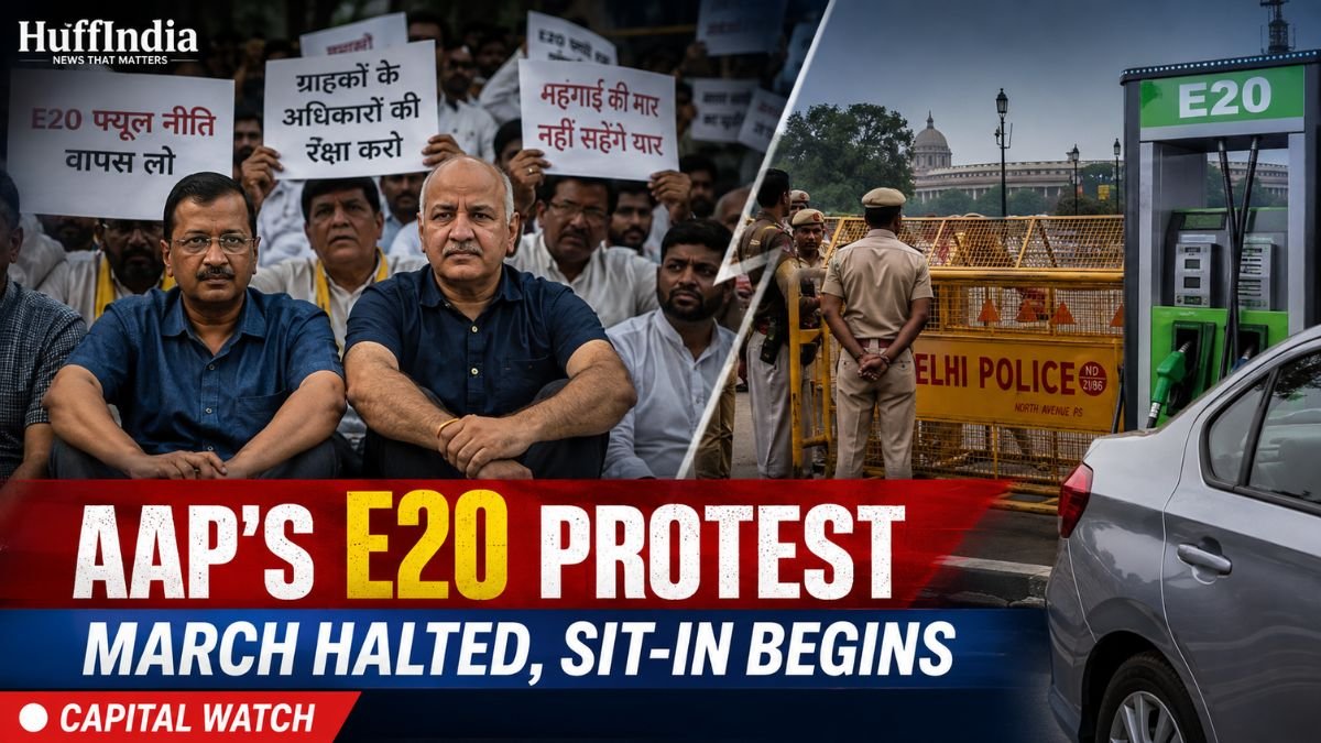 AAP Protest Against E20 Petrol Policy Ends in Sit-In After March to PM's Residence Is Stopped AAP protest against E20 petrol policy